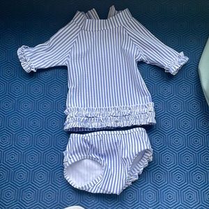 RuffleButts blue and white stripe short sleeve rash guard with bottoms